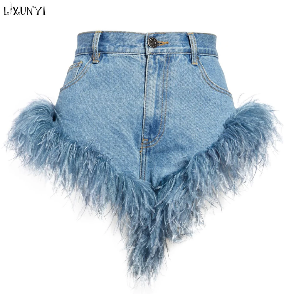 Top Trends: Feather Patchwork Denim Shorts Women 2024 Summer Sexy High Street Runway Jean Shorts Female Tassel Hem Irregular Short Jeans Shoppable Styles