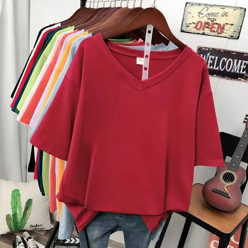 Top Trends: DAYIFUN-Women's Monochromatic Short Sleeve T-shirts Female V-Neck Tops Loose Casual Summer Plus Size Tees 5XL 110KG Lady Tshirts Shoppable Styles