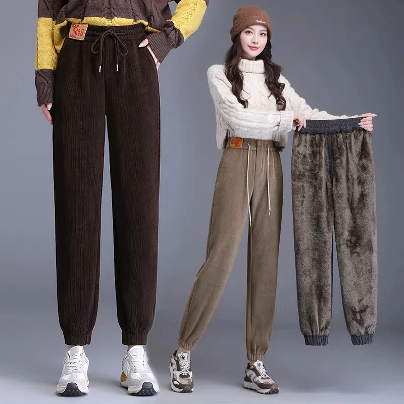 Top Trends: Korean Fashion Fleece Thicken Warm Harem Pants Autumn Winter Women Elastic High Waist Corduroy Solid Casual Bloomers Trousers Shoppable Styles