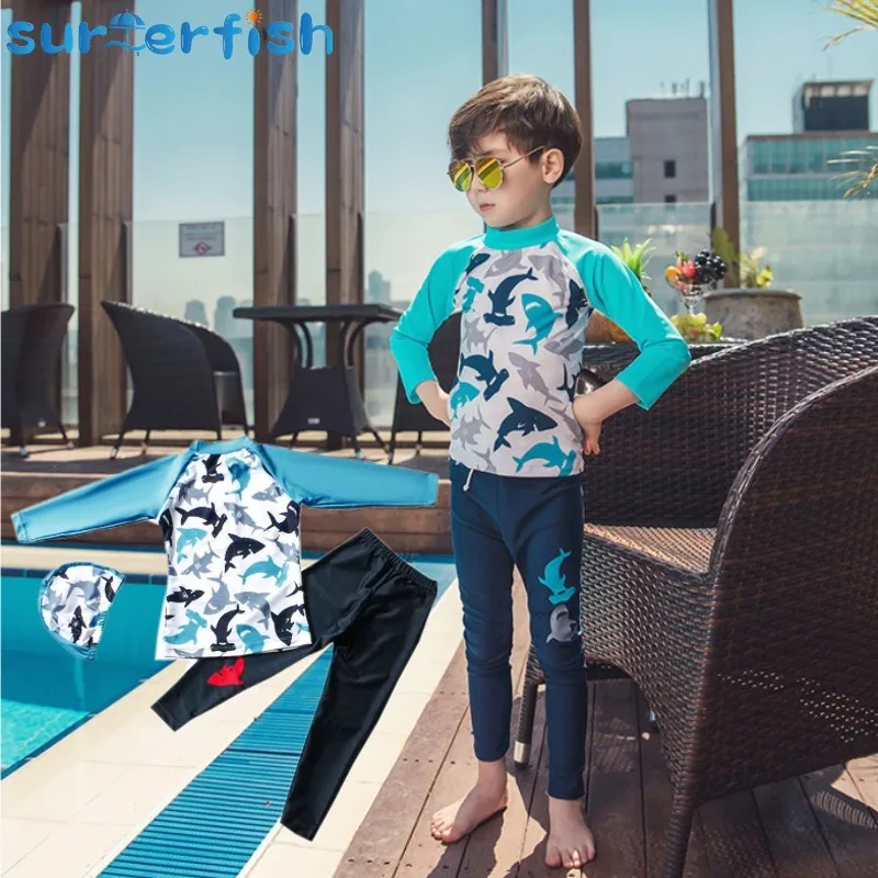 Top Trends: 2pc Boys Shark Swimsuit Three Piece Children Swimwear Swim Trunk Beach Cap Baby Swimsuit Cartoon Split Rash Guard Bathing Suit Shoppable Styles