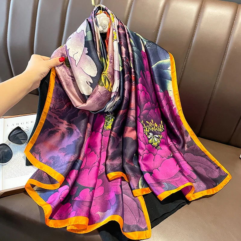 Top Trends: Spain Fashion Brand Women Silk Scarf Luxury Floral Stain Pashmina Shawls And Wraps Foulard Femme Bufandas Beach Hijab 180*90Cm Shoppable Styles - Image 5