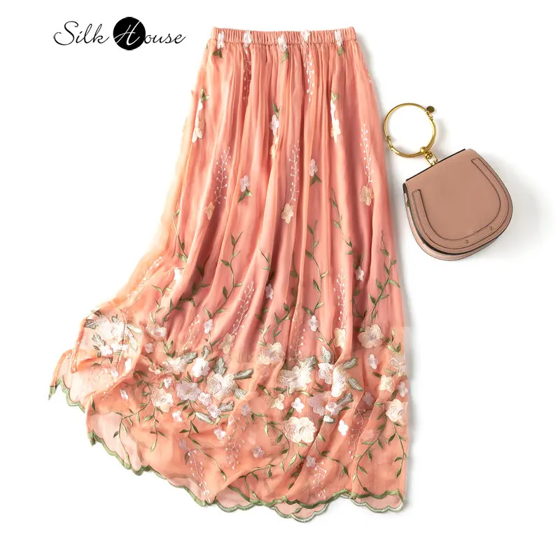 Top Trends: Spring 2023 New Non-splice Silk Heavy Embroidery Elastic Waist Split Peach Pink Women's Fashion Silk Skirt Shoppable Styles