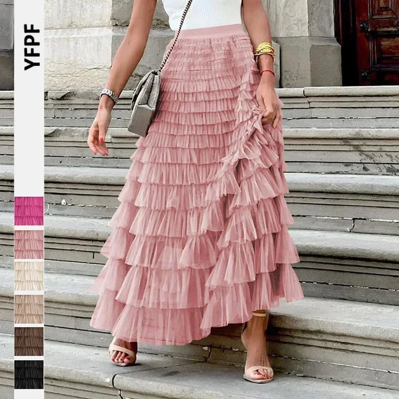 Top Trends: YFPF Tutu Cake Skirts Women Elegant Cascading Ruffles A Line Long Skirts Female Casual Elastic Waist Party Lace Skirt Faldas Shoppable Styles