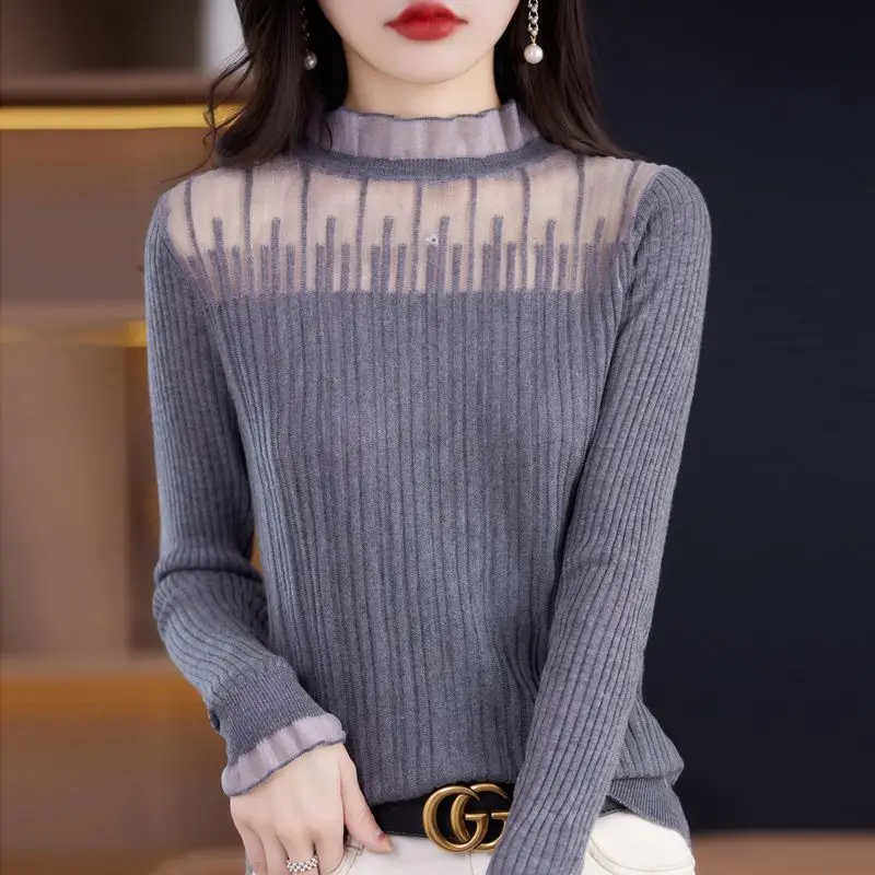 Top Trends: Spring Autumn Ruffles Stand Collar Lace Patchwork Sweaters Ladies Long Sleeve Elegant Fashion All-match Bottoming Pullover Tops Shoppable Styles - Image 2