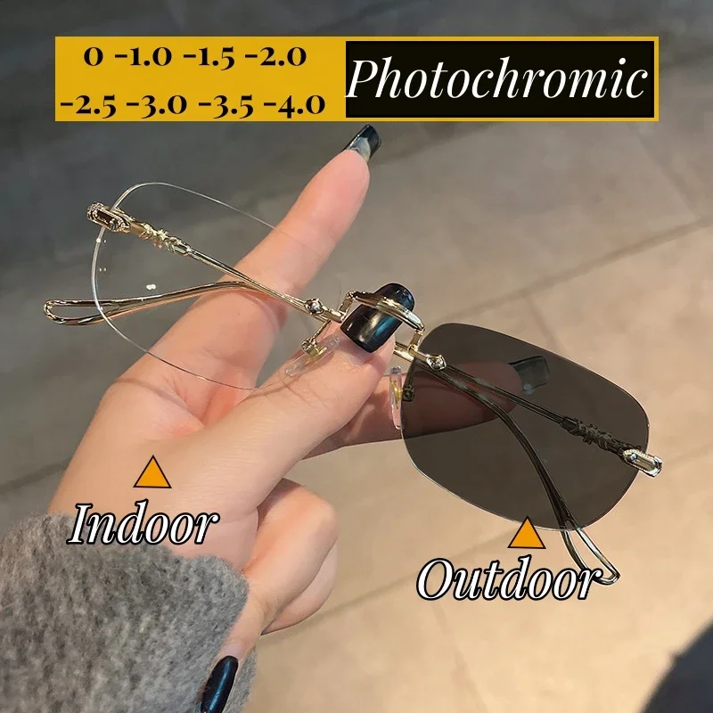 Top Trends: New Fashion Photochromic Myopia Glasses Vintage Rimless Square Women Men Anti Blue Light UV Sunglasses Optical Diopter Eyewear Shoppable Styles