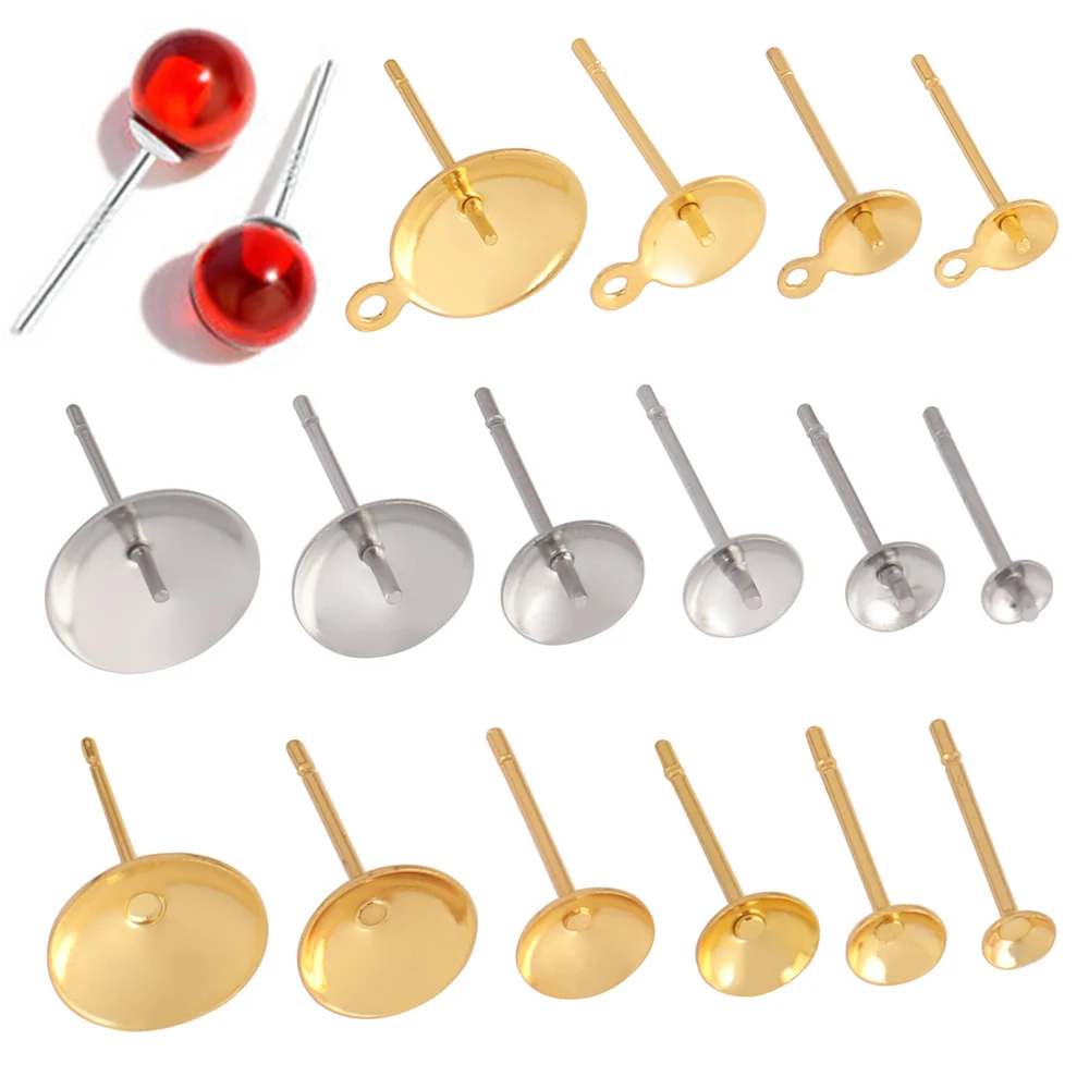 Top Trends: 50-100pcs Stainless Steel Blank Earrings Pearl Cup Studs Base Pins Round Cabochon Tray Settings DIY Pearl Ear Post Pin Findings Shoppable Styles