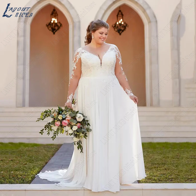 Top Trends: LAYOUT NICEB Wedding Dress Plus Size Woman Long Sleeves Vestido De Noiva A Line Lace V Neck Bride Appliques Bridal Gown Chiffon Shoppable Styles