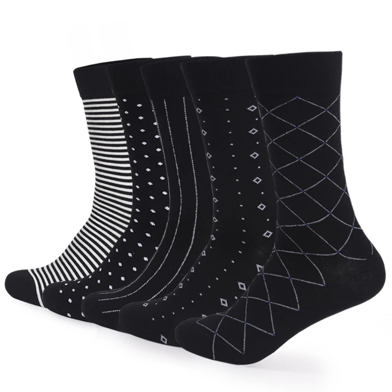 Top Trends: 5 Pairs New Style Breathable Soft Black White Business Men Combed Cotton Dress Socks Stripe Grid Men Socks Large Size EU41-48 Shoppable Styles