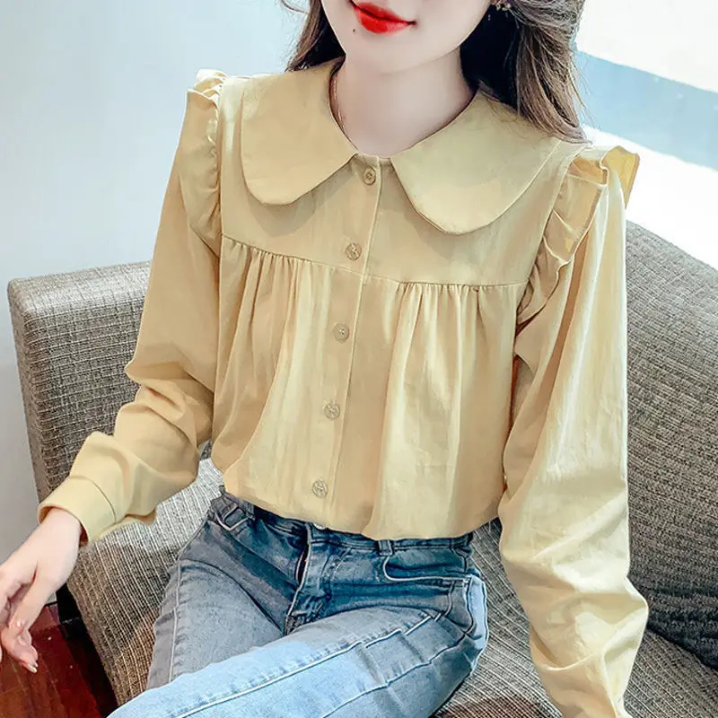 Top Trends: Fashion Peter Pan Collar Folds Ruffles Shirts Women's Clothing 2023 Autumn Winter Solid Color Casual Tops Sweet Blouses Shoppable Styles