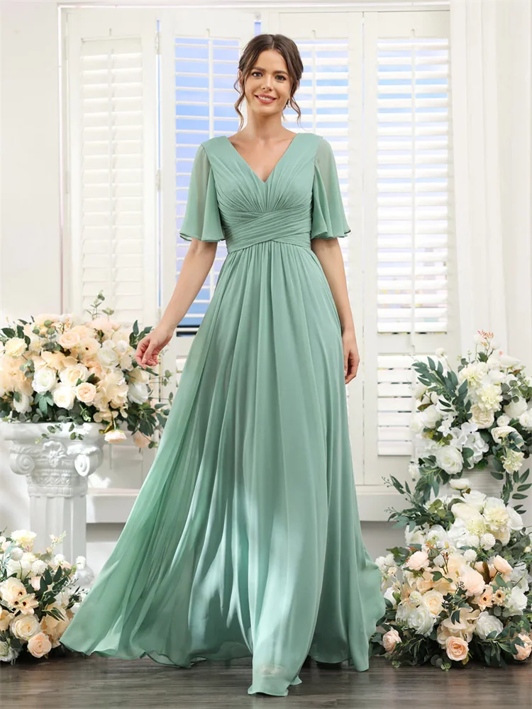 Top Trends: A-Line V-Neck Half Sleeves Split Side Floor Length Chiffon Bridesmaid Dresses With Pockets Elegant Dresses For Weddings Guest Shoppable Styles