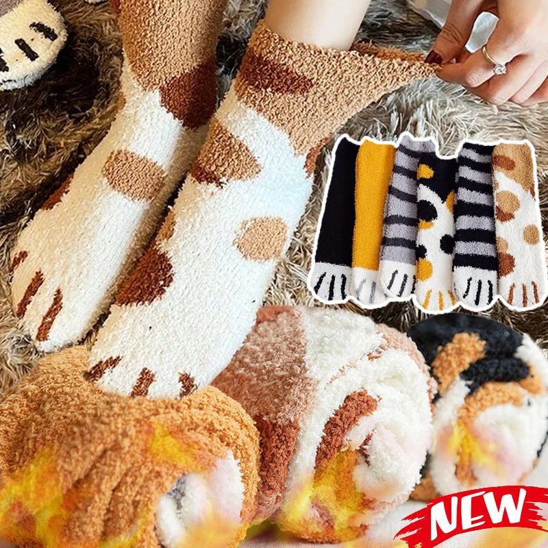 Top Trends: 1 / 3pairs Thicken Cat Paw Socks Women Winter Warm Stocking Girls Coral Fleece Home Floor Sleeping Sox Fluffy 3D Pattern Sock Shoppable Styles