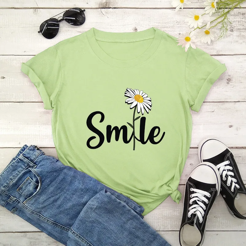 Top Trends: Women T Shirt Smile Daisy Print Tshirt Women Short Sleeve O Neck Loose T-shirt Ladies Summer Causal Tee Shirt Clothes Shoppable Styles