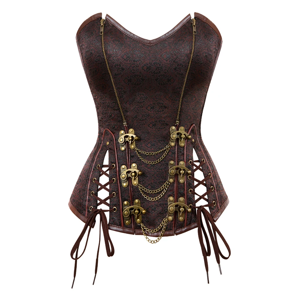 Top Trends: Steampunk Medieval Women Zipper Style Spiral Steel Bone Leather Corset Bustier Top Sexy Gothic Brown Halloween Party Costume Shoppable Styles