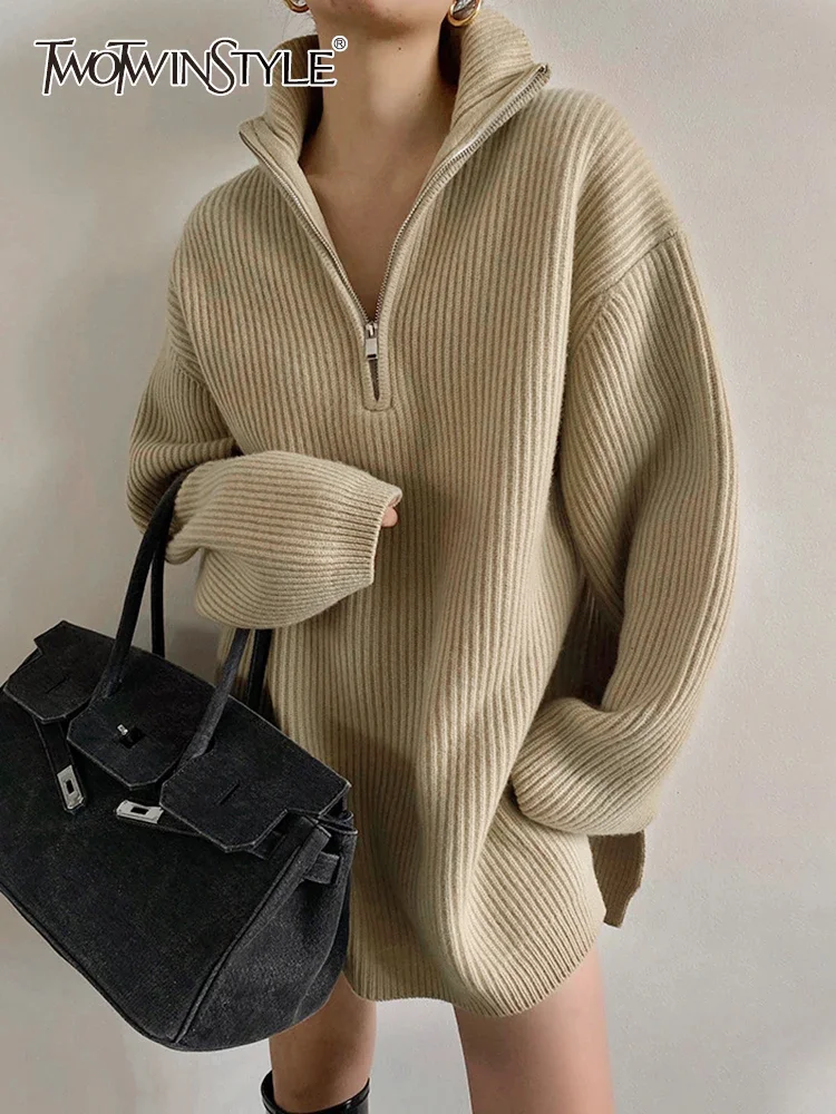 Top Trends: TWOTWINSTYLE Knitting Loose Patchwork Zipper Sweater For Women V Neck Long Sleeve Solid Minimalsit Pullover Female Clothing New Shoppable Styles