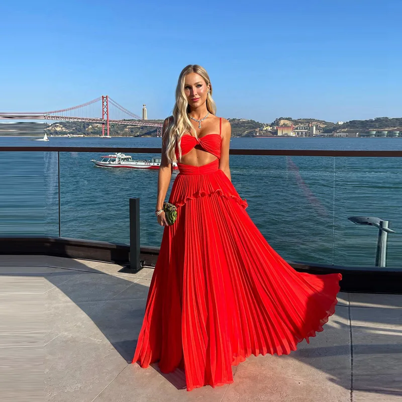 Top Trends: Sexy Red Pleated Draped Tulle Women Dresses For Wedding Spaghetti Strap Long Floor Length Party Dress Summer Hollow Waist Dresse Shoppable Styles