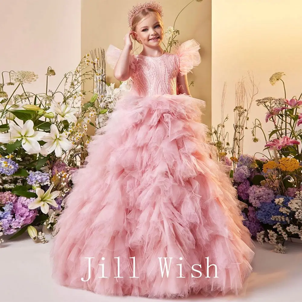 Top Trends: Jill Wish Elegant Blush Girl Dress Sequined Feathers Princess Dubai Gown For Kids Wedding Communion Party Quinceanera 2024 J168 Shoppable Styles