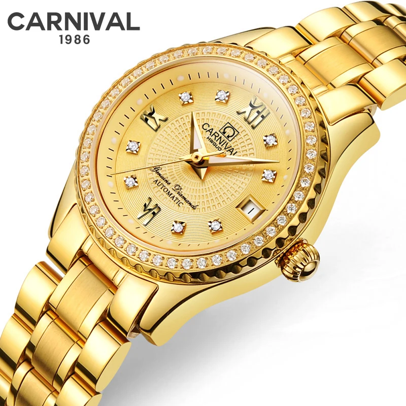 Top Trends: CARNIVAL Fashion Diamond Automatic Mechanical Watch For Women Calendar Luminous Waterproof Stainless Steel Strap Gold Watch Shoppable Styles