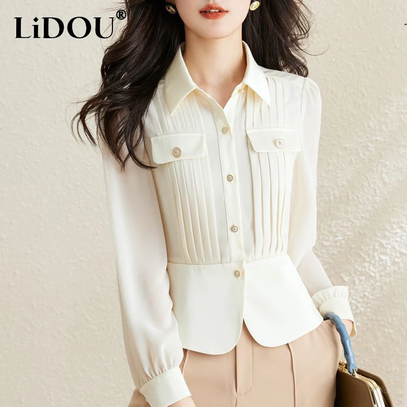 Top Trends: Spring Autumn Lapel Elegant Fashion Single Breasted Waist Chiffon Shirt Top Women Long Sleeve All-match Button Cardigan Blouse Shoppable Styles