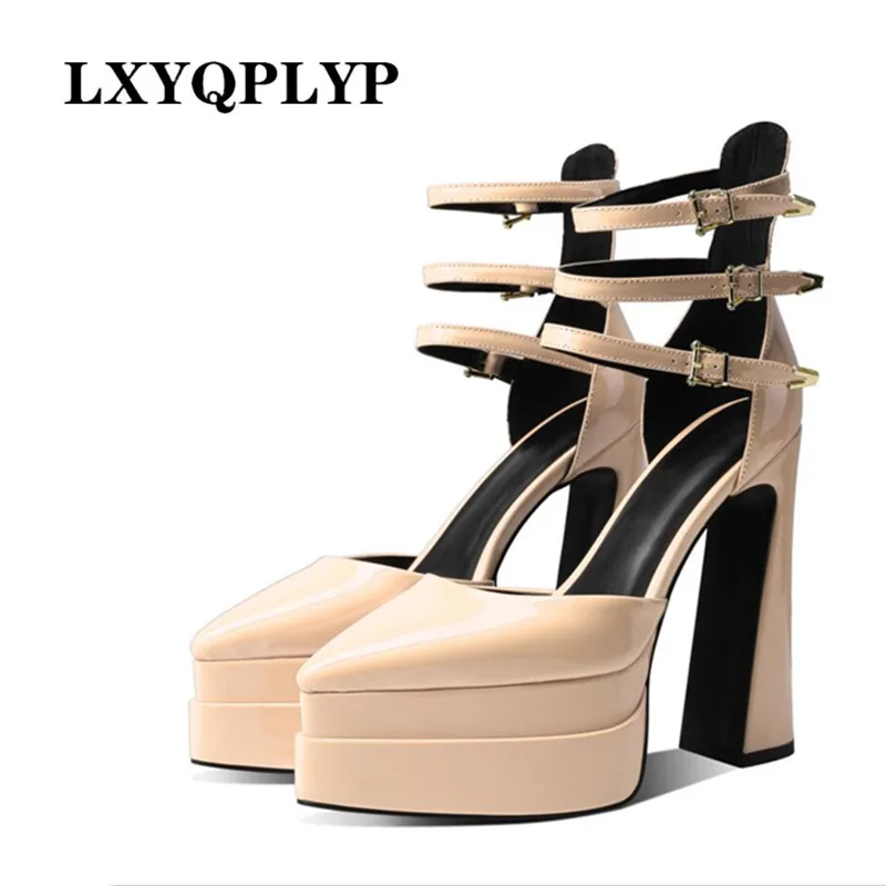 Top Trends: New Brand Pointed Toe Patent Leather Roman Sandals Women's Platform Summer Thick High Heel Sexy Ladies Party Shoes Pumps Shoppable Styles