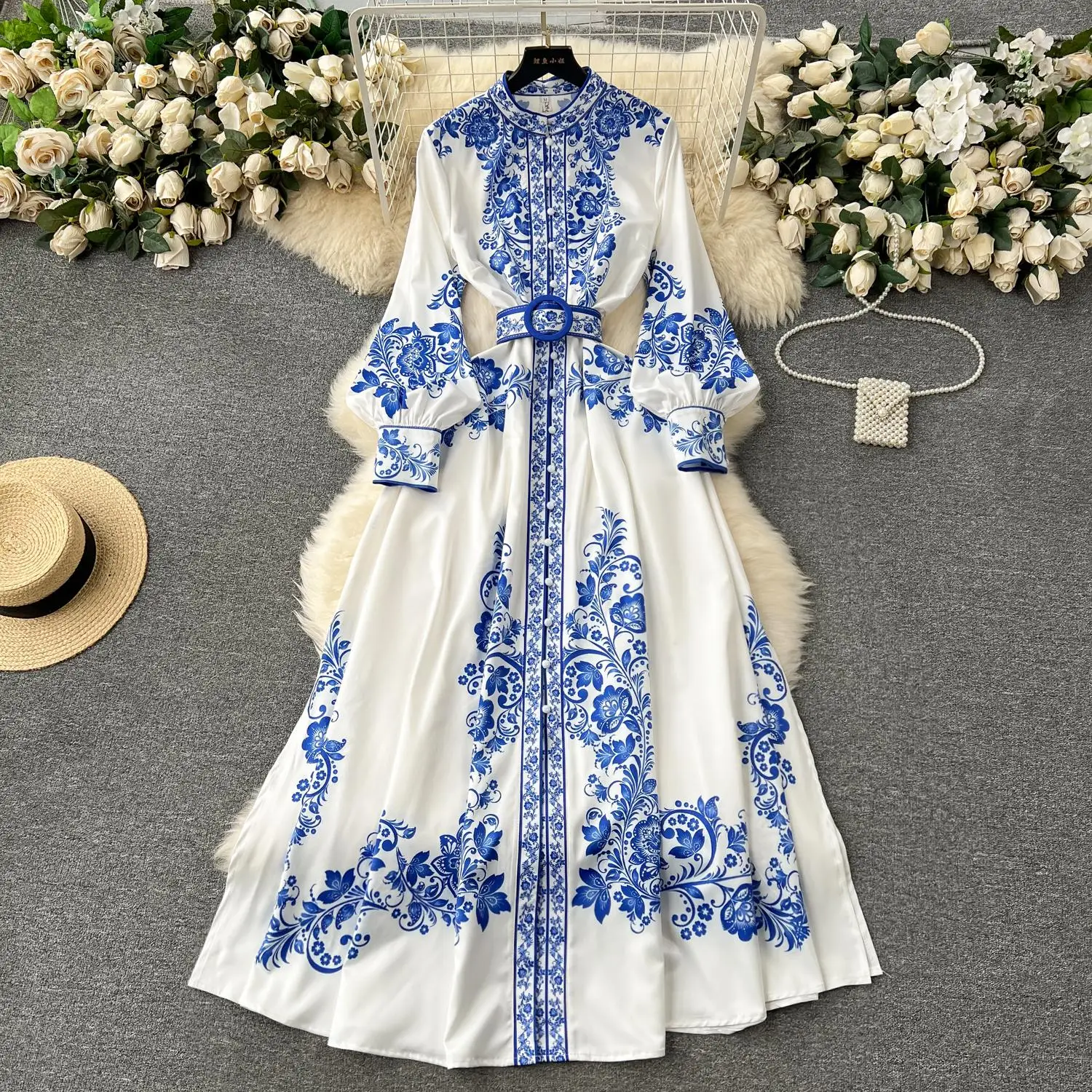 Top Trends: New Fashion Runway Red And White Porcelain Dress Women&#039;s Stand Long Lantern Sleeve Blue Floral Print Shirt Robe Vestidos 2377 Shoppable Styles