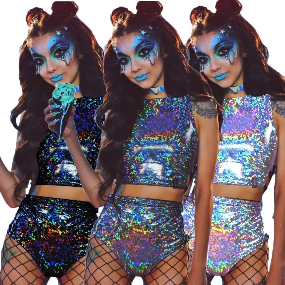 Top Trends: Holographic Reflect Festival Rave Outfits Sleeveless Tank Tops Super Shorts Pant Nightclub Carnival Party Women 2 Piece Sets Shoppable Styles