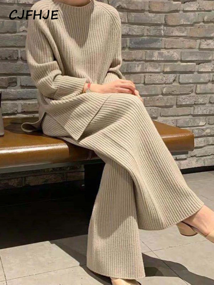 Top Trends: CJFHJE New Knitted Sweater Suit Women Elegant Solid O-Neck Pullovers Wide Leg Pants Suit Lady Winter Soft 2 Piece Set Homewear Shoppable Styles