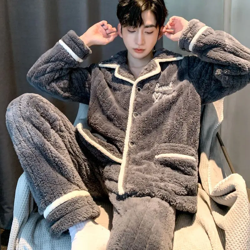 Top Trends: Pyjama Men Warm Winter Sleepwear Thickened Embroidery Pajama Set Flannel Autumn Nightwear Soft Long Sleeve Long Pants Oversized Shoppable Styles