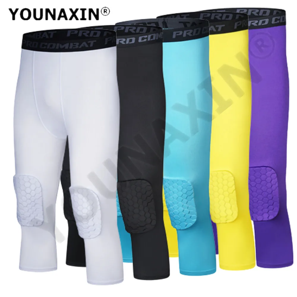 Top Trends: Child Base Layer Knee Pads 3 / 4 Cropped Pants Men Tight Training Fitness Running Basketball Football Soccer Sports Skinny Bottoms Shoppable Styles