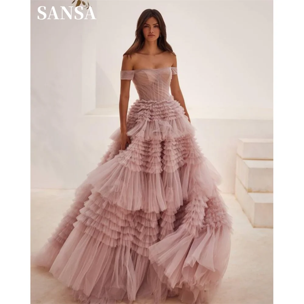 Top Trends: Sansa Pink Off Shoulder Tulle Prom Dress Elegant Multilayer A-line Vestidos De Fiesta Lace Up Back Sleeveless Evening Dress 2024 Shoppable Styles