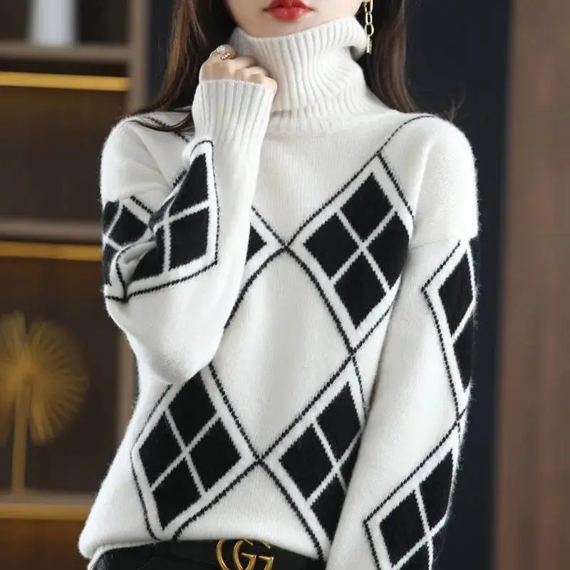 Top Trends: Korean Fashion Knitted Spliced Loose Women's Turtleneck Sweater Autumn Winter Casual Pullover Tops All-match Commute Sweaters Shoppable Styles