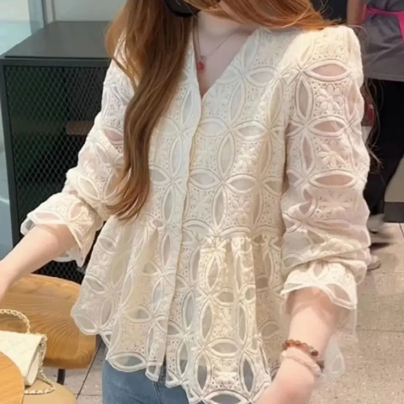 Top Trends: Commute Korean Fashion Hollow Out Blouse Spring Summer Nine Quarter Sleeve Women&#039;s Clothing Elegant V-Neck Single-breasted Shirt Shoppable Styles