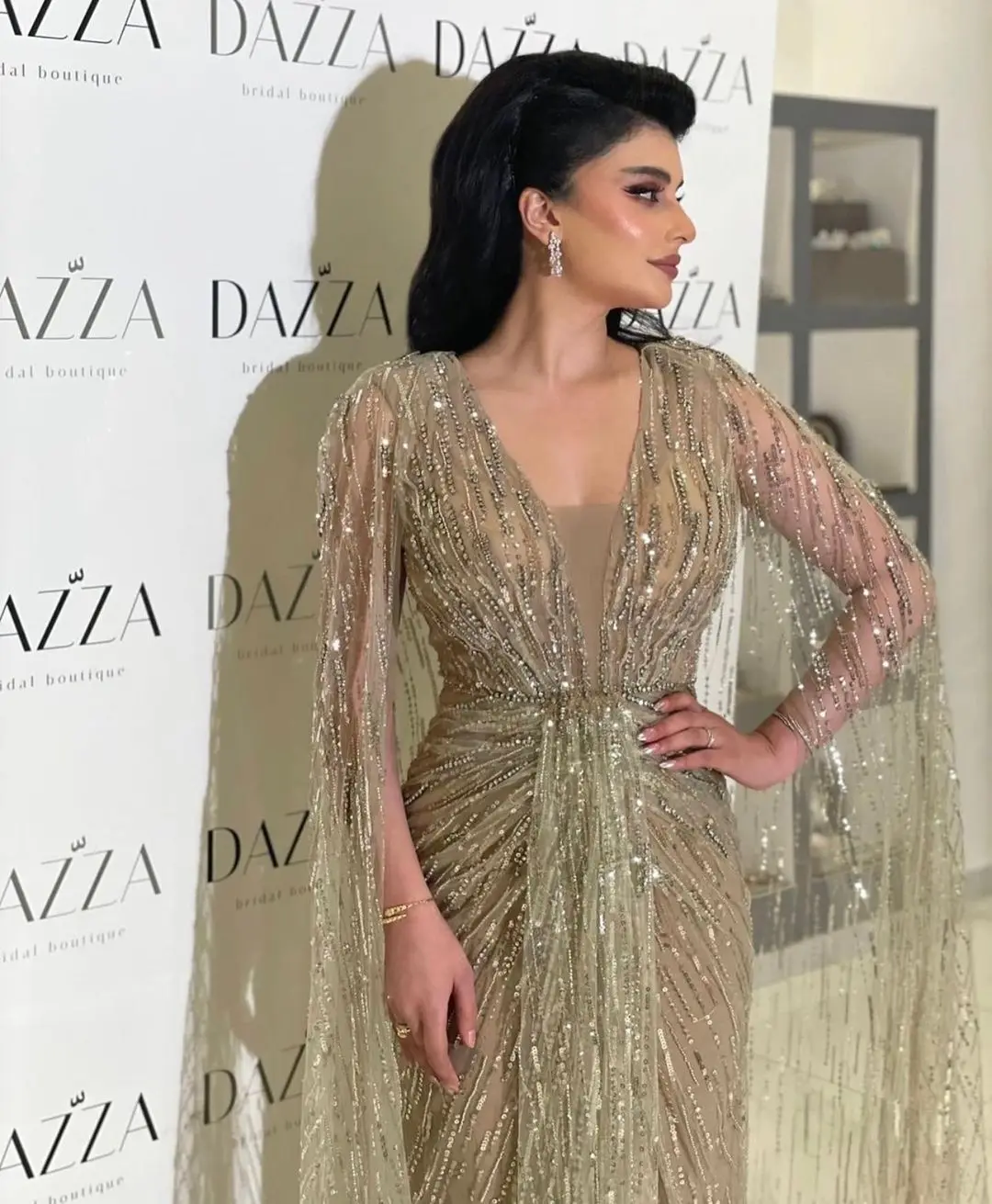 Top Trends: V Neck Luxury Evening Dresses 2024 Sequins Beadings A-Line Ruffle Sweep Train Long Sleeves Request Wedding فساتين الحفلات Shoppable Styles