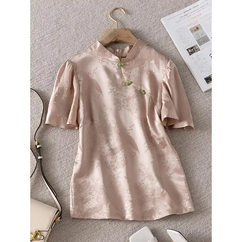 Top Trends: Women's Pullover Stand Collar Patchwork Shirt 2023 Summer New Chinese Style Solid Color Embroided Short Sleeve Button Loose Tops Shoppable Styles