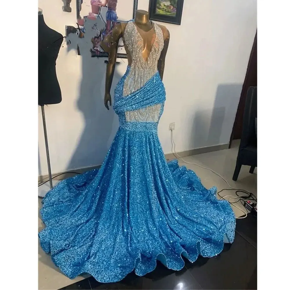 Top Trends: Blue V Neck Long Mermaid Prom Dresses For Black Girls 2024 Beaded Crystal Birthday Party Gown Sparkly Sequined Evening Dresses Shoppable Styles