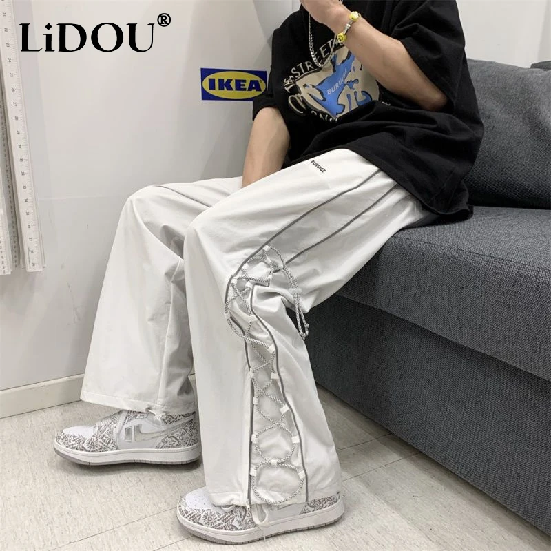 Top Trends: 2023 Summer New Hip Hop Solid Color Straight Men's Pants Elastic Waist Drawstring Tie One's Feet Fashion Personality Trousers Shoppable Styles