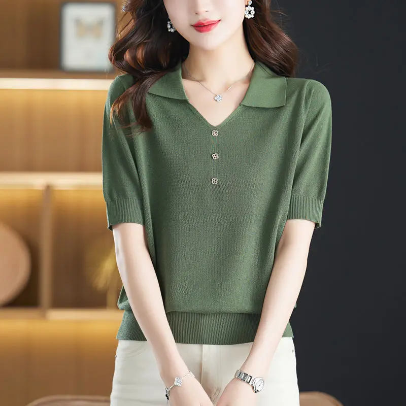 Top Trends: Summer Women Solid Knitted Short Sleeve T-Shirts Korean Fashion New Ice Silk V-Neck All-match Pullover Basic Loose Casual Tops Shoppable Styles