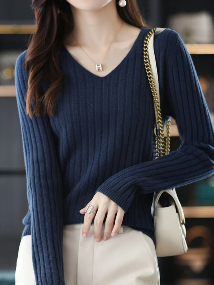 Top Trends: Women Sweater Long Sleeve Top Knitted Pullover V-Neck Fashion Sweater Woman Winter 2023 Basic Female Clothing Soild OL Sweaters Shoppable Styles