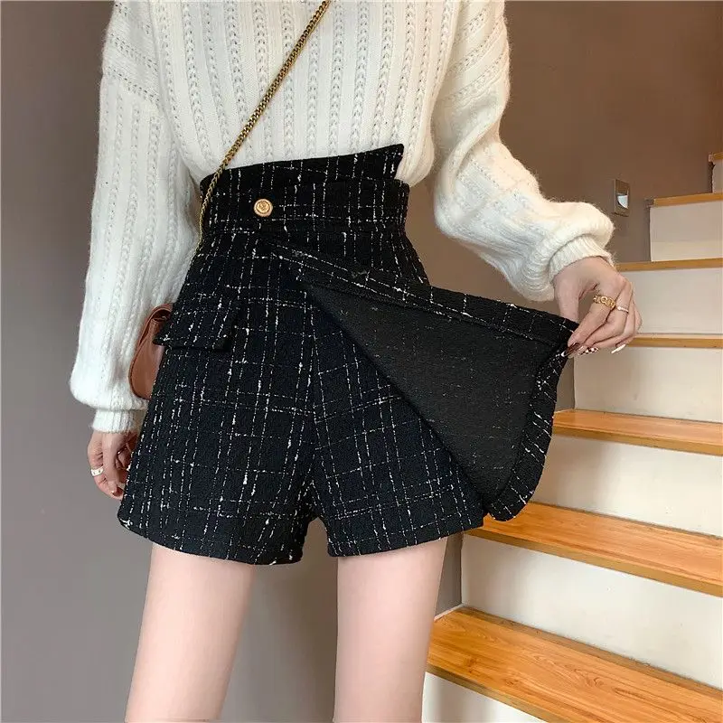 Top Trends: Asymmetrical High Waist A-line Skirt Autumn Plaid Button Patchwork All-match Shorts Skirts Sweet Fashion Elegant Women Clothing Shoppable Styles