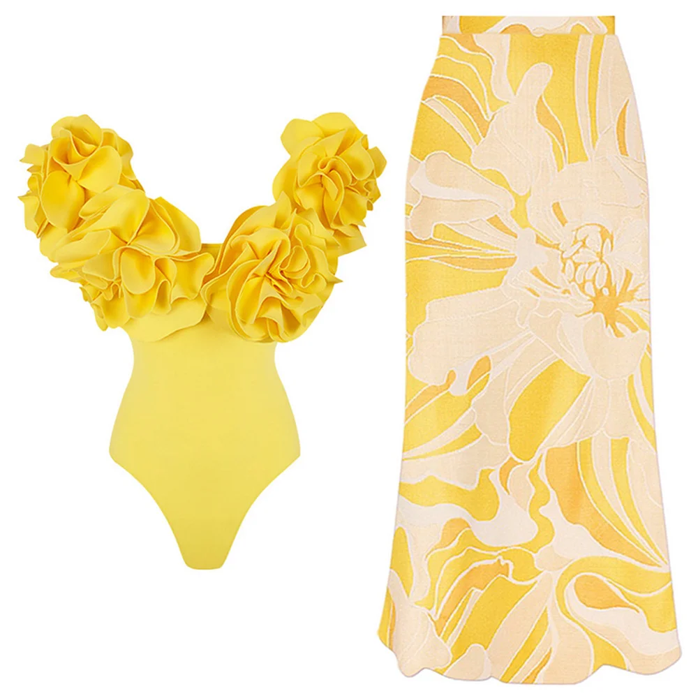 Top Trends: Yellow 3D Flower One Piece Swimsuit And Skirt For Women 2024 New Strapless Swimwear Female Bandeau Beach Bathing Suit Shoppable Styles