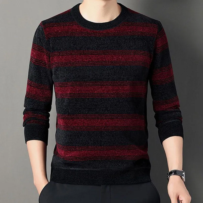 Top Trends: Fashionable Striped Plus Fleece Sweaters Autumn Winter Male Clothes Classic Comfortable Round Neck Long Sleeve Knitted Pullovers Shoppable Styles - Image 5