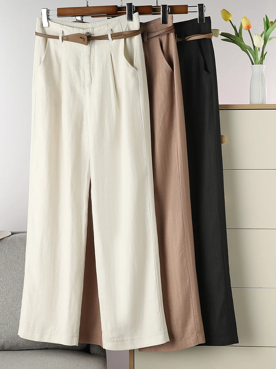 Top Trends: SuyaDream Woman Long Wide Leg Pants Linen Blend Solid Belt Waist Full Length Trousers 2023 Spring Summer Office Lady Bottoms Shoppable Styles - Image 3