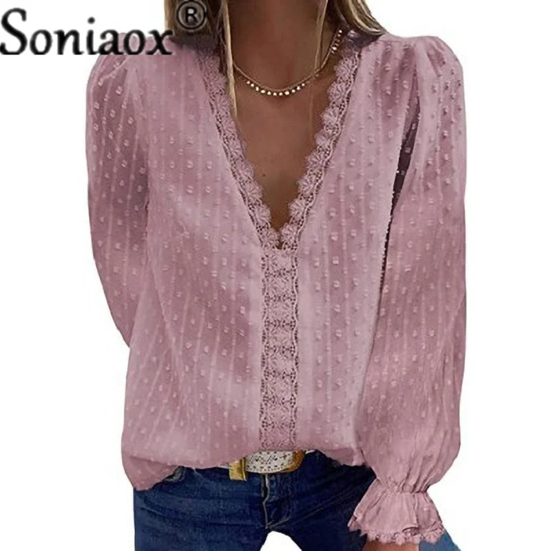 Top Trends: Autumn Fashion Deep V Neck Loose Chiffon Shirt Women Solid Color Jacquard Sweet Female Blouse Casual Splicing Hollow Lace Tops Shoppable Styles