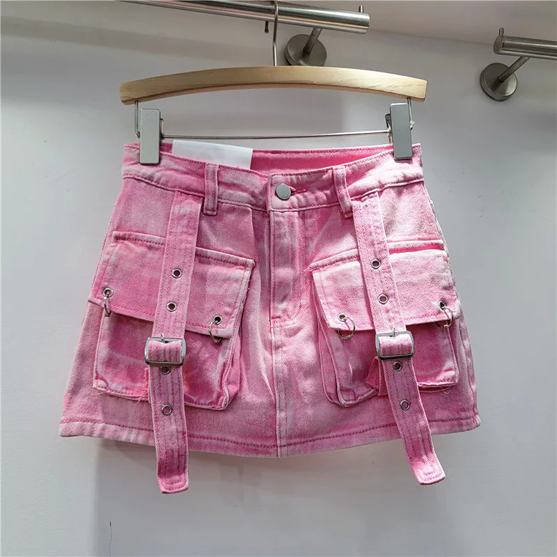 Top Trends: Pink 3D Pocket Strap Cargo Mini Skirts For Women Retro American Spicy Girl 2024 Spring Summer New Slim A-line Skirts Streetwear Shoppable Styles