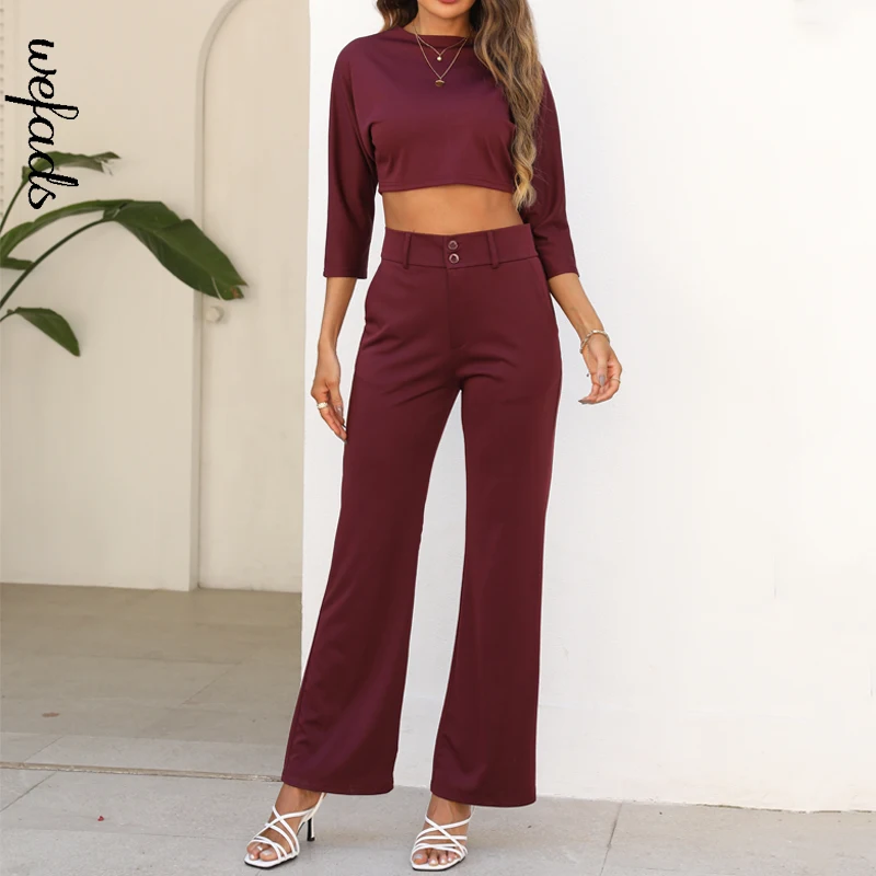 Top Trends: Wefads Two Piece Set 2024 Spring Summer Casual Solid Round Neck Half Sleeve Bare Waist Top Straight Loose Pants Set Streetwear Shoppable Styles