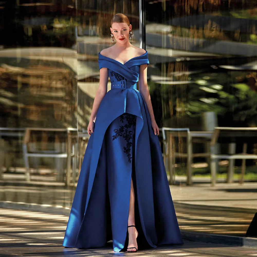 Top Trends: Elegant Blue Mother Of The Bride Dresses V Neck Short Sleeves Wedding Party Gowns Appliques Floor-Length Robe De Soirée Femme Shoppable Styles