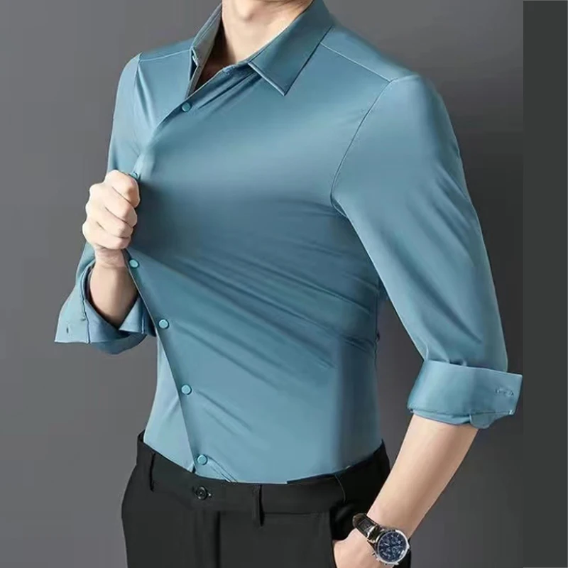 Top Trends: Men's Shirt Autumn And Winter High Elastic Seamless Long Sleeve Luxury Solid Color , Slippery, Non Iron, Business And Leisure Shoppable Styles