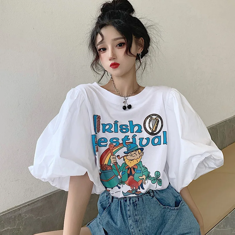 Top Trends: Stylish O-Neck Loose Printed Folds Puff Sleeve Blouse Female Clothing 2023 Summer New Casual Pullovers All-match Korean Shirt Shoppable Styles