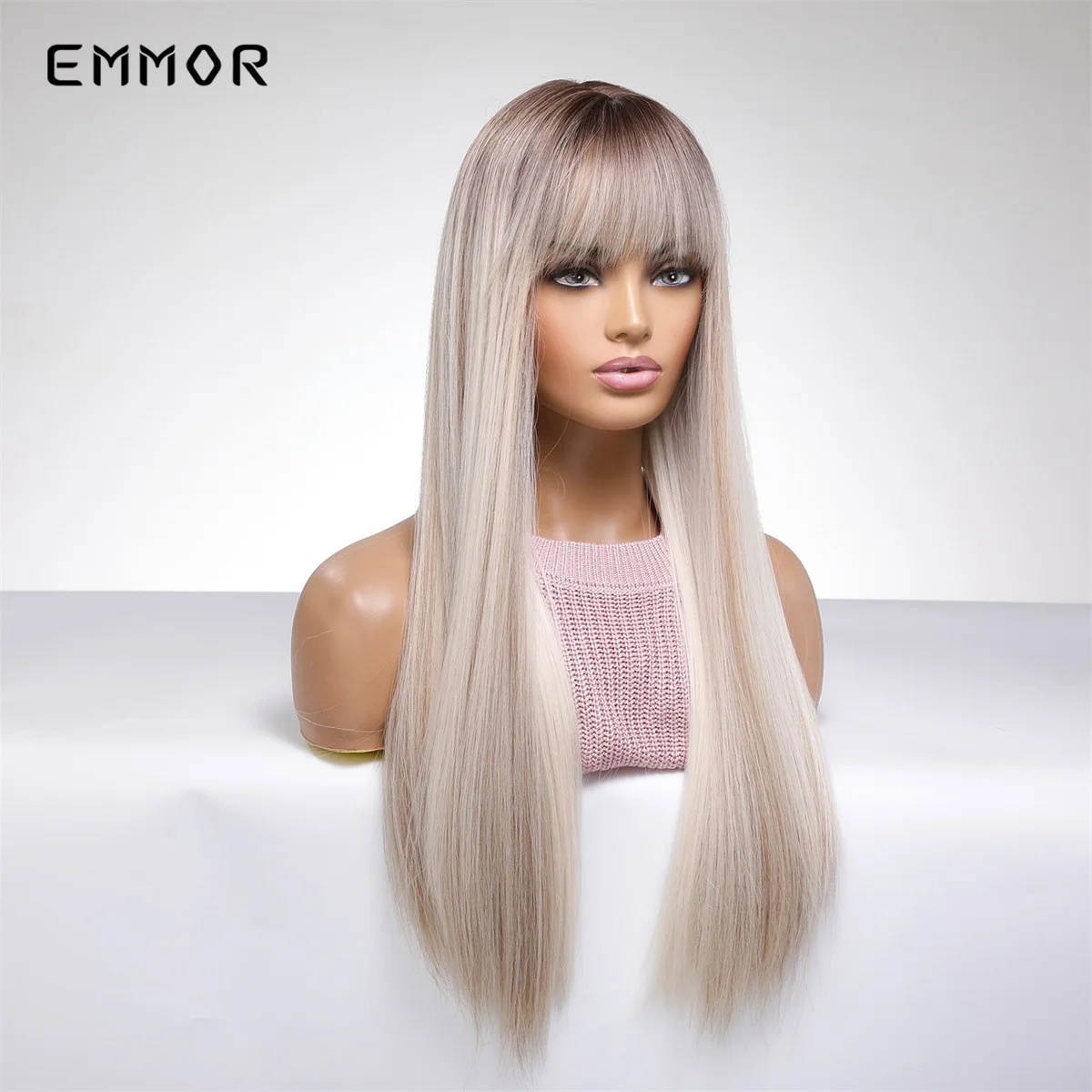 Top Trends: Emmor Synthetic Ombre Brown Blonde Wig Straight Hair Wigs With Bangs High Temperature Halloween Cosplay Daily Use Wig For Women Shoppable Styles - Image 4