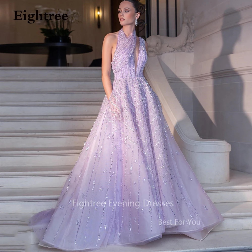 Top Trends: Eightree Lilac Luxury Sparkly Evening Party Dresses Halter A Line Shiny Sequined Purple Prom Gowns Special Occasionفساتين السهرة Shoppable Styles