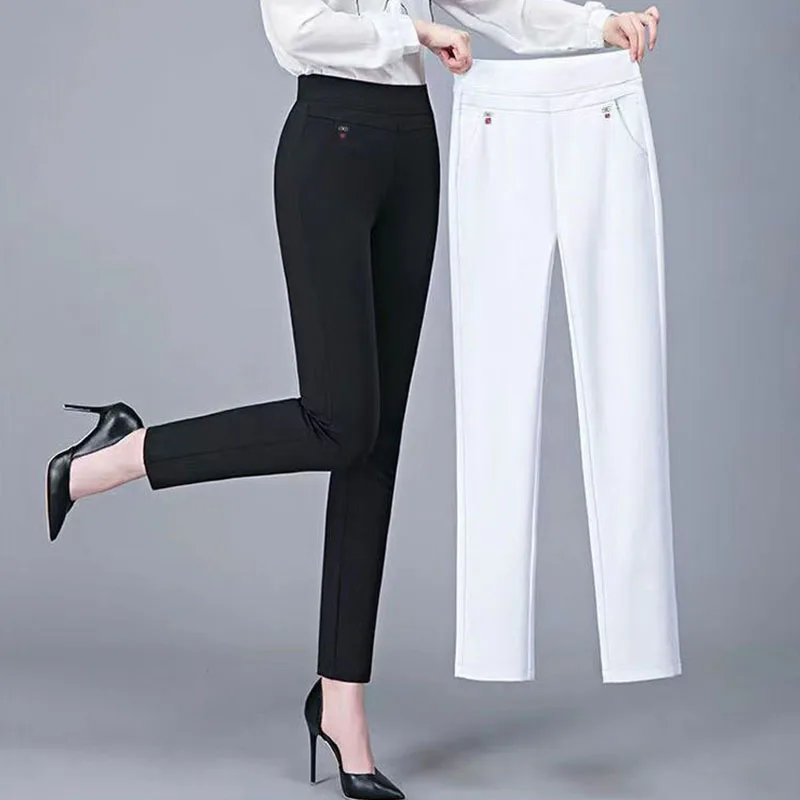 Top Trends: Office Lady Solid Big Size 6XL All-match Pencil Pants Spring Autumn Fashion Women Elastic High Waist Pockets Straight Trousers Shoppable Styles - Image 3